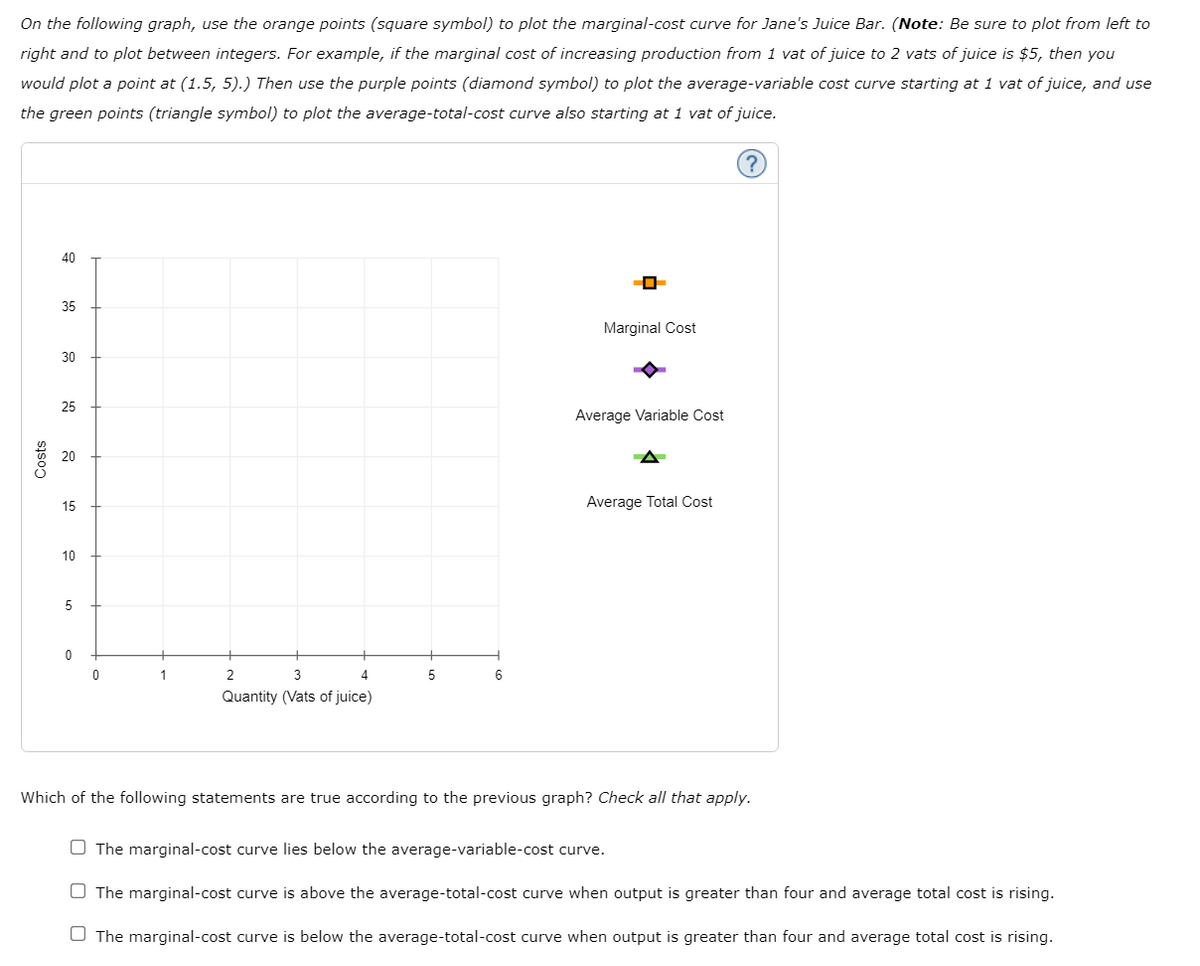 On the following graph, use the orange points (square symbol) to plot the marginal-cost curve for Jane's Juice Bar. (Note: Be sure to plot from left to
right and to plot between integers. For example, if the marginal cost of increasing production from 1 vat of juice to 2 vats of juice is $5, then you
would plot a point at (1.5, 5).) Then use the purple points (diamond symbol) to plot the average-variable cost curve starting at 1 vat of juice, and use
the green points (triangle symbol) to plot the average-total-cost curve also starting at 1 vat of juice.
40
35
Marginal Cost
30
25
Average Variable Cost
20
15
Average Total Cost
10
1
2
3
4
6
Quantity (Vats of juice)
Which of the following statements are true according to the previous graph? Check all that apply.
O The marginal-cost curve lies below the average-variable-cost curve.
O The marginal-cost curve is above the average-total-cost curve when output is greater than four and average total cost is rising.
O The marginal-cost curve is below the average-total-cost curve when output is greater than four and average total cost is rising.
Costs
