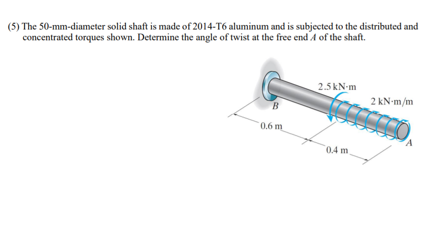 (5) The 50-mm-diameter solid shaft is made of 2014-T6 aluminum and is subjected to the distributed and
concentrated torques shown. Determine the angle of twist at the free end A of the shaft.
2.5 kN-m
2 KN•M/m
В
0.6 m
A
`0.4 m.
