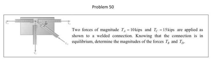 Problem 50
Two forces of magnitude T, = 10kips and Tc =15kips are applied as
shown to a welded connection. Knowing that the connection is in
equilibrium, determine the magnitudes of the forces T, and Tp-
