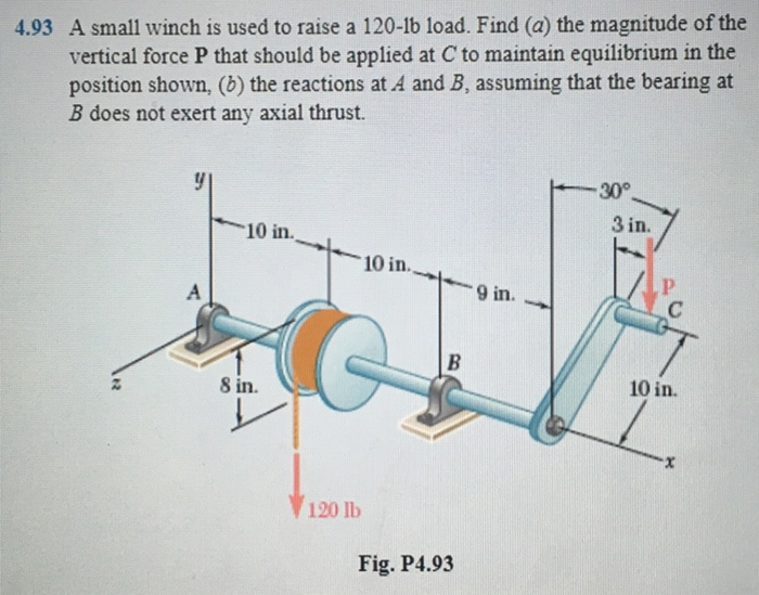 4.93 A small winch is used to raise a 120-1b load. Find (a) the magnitude of the
vertical force P that should be applied at C to maintain equilibrium in the
position shown, (b) the reactions at A and B, assuming that the bearing at
B does not exert any axial thrust.
30°
10 in.
3 in.
10 in.
A
9 in.
C
8 in.
10 in.
120 lb
Fig. P4.93
