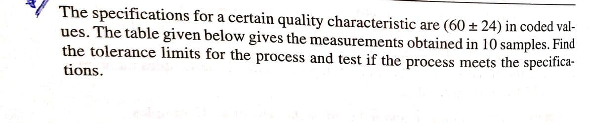 The specifications for a certain quality characteristic are (60 ± 24) in coded val-
ues. The table given below gives the measurements obtained in 10 samples. Find
the tolerance limits for the process and test if the process meets the specifica-
tions.
