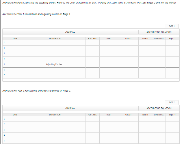 Journalize the transactions and the aojusting entries. Refer to the Chart of Accounts for exact wording of account ttes Scrol down to access pages 2 and 3 of the journal.
Journalize the Year 1 transactions and adjusting entries on Page 1.
PAGE 1
JOURNAL
ACCOUNTING EQUJATION
DATE
DESCRIPTION
POST. REF.
DEBIT
CREDIT
ASSETS
LIABILITIES
EQUITY
1
Adjusting Entries
Journalize the Year 2 transactions and adjusting entries on Page 2.
PAGE 2
JOURNAL
ACCOUNTING EQUATION
DATE
DESCRIPTION
POST. REF
DEBIT
CREDIT
ASSETS
LIABILITIES
EQUITY
1
