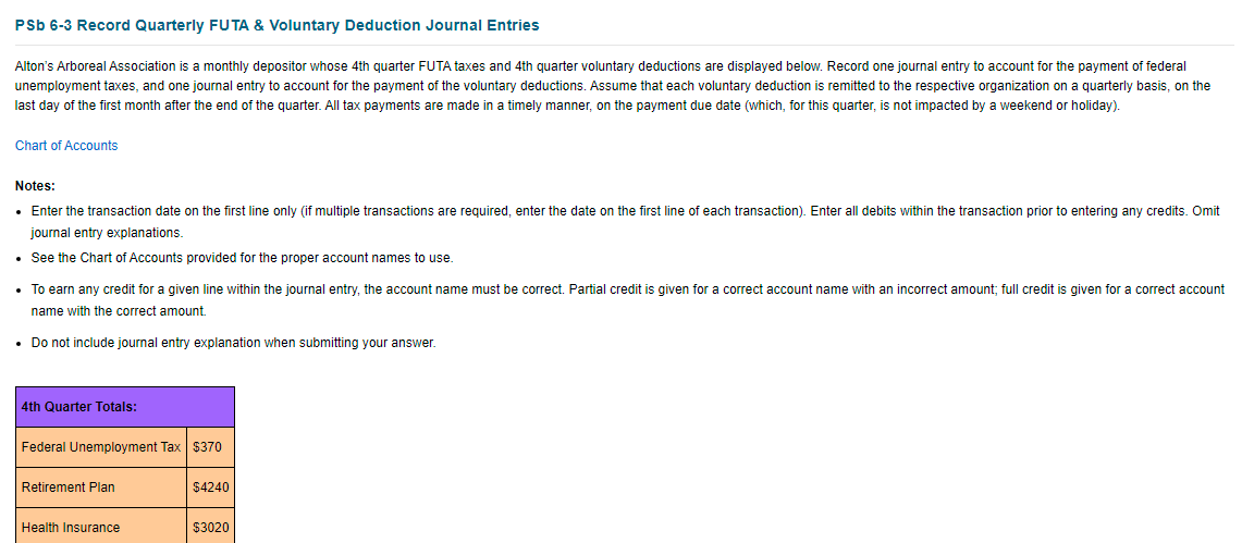 PSb 6-3 Record Quarterly FUTA & Voluntary Deduction Journal Entries
Alton's Arboreal Association is a monthly depositor whose 4th quarter FUTA taxes and 4th quarter voluntary deductions are displayed below. Record one journal entry to account for the payment of federal
unemployment taxes, and one journal entry to account for the payment of the voluntary deductions. Assume that each voluntary deduction is remitted to the respective organization on a quarterly basis, on the
last day of the first month after the end of the quarter. All tax payments are made in a timely manner, on the payment due date (which, for this quarter, is not impacted by a weekend or holiday).
Chart of Accounts
Notes:
• Enter the transaction date on the first line only (if multiple transactions are required, enter the date on the first line of each transaction). Enter all debits within the transaction prior to entering any credits. Omit
journal entry explanations.
• See the Chart of Accounts provided for the proper account names to use.
• To earn any credit for a given line within the journal entry, the account name must be correct. Partial credit is given for a correct account name with an incorrect amount; full credit is given for a correct account
name with the correct amount.
• Do not include journal entry explanation when submitting your answer.
4th Quarter Totals:
Federal Unemployment Tax $370
Retirement Plan
$4240
Health Insurance
$3020
