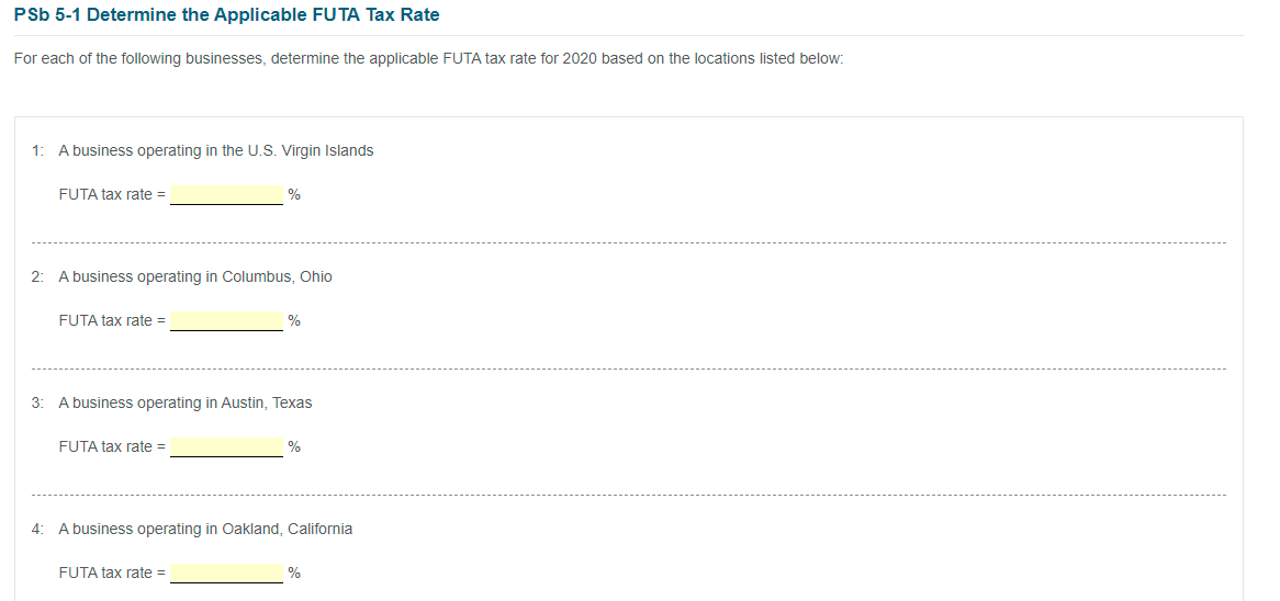 PSb 5-1 Determine the Applicable FUTA Tax Rate
For each of the following businesses, determine the applicable FUTA tax rate for 2020 based on the locations listed below:
1:
A business operating in the U.S. Virgin Islands
FUTA tax rate =
2: A business operating in Columbus, Ohio
FUTA tax rate =
3: A business operating in Austin, Texas
FUTA tax rate =
%
4: A business operating in Oakland, California
FUTA tax rate =
