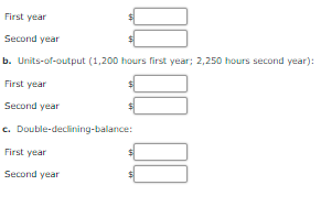 First year
Second year
b. Units-of-output (1,200 hours first year; 2,250 hours second year):
First year
Second year
c. Double-declining-balance:
First year
Second year
