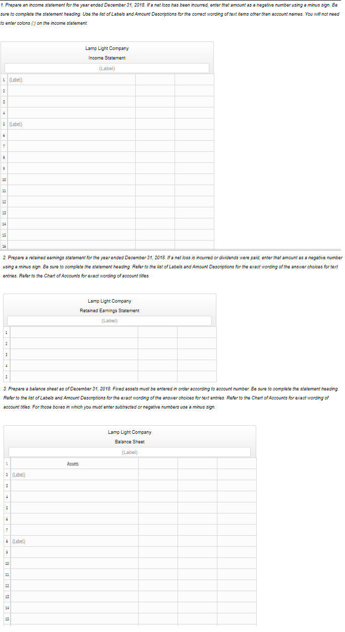 1. Prepare an income statement for the year ended December 31, 2018. If a net loss has been incurred, enter that amount as a negative number using a minus sign. Be
sure to complete the statement heading. Use the list of Labels and Amount Descriptions for the comrect wording of text items other than account names. You will not need
to enter colons (;) on the income statement.
Lamp Light Company
Income Statement
(Label)
: (Label)
2
5 (Label)
10
11
12
13
14
15
2. Prepare a retained earnings statement for the year ended December 31, 2018. If a net loss is incurred or dividends were paid, enter that amount as a negative number
using a minus sign. Be sure to complete the statement heading Refer to the list of Labels and Amount Descriptions for the exact wording of the answer choices for text
entries. Refer to the Chart of Accounts for exact wording of account titles.
Lamp Light Company
Retained Earnings Statement
(Label)
2
3. Prepare a balance sheet as of December 31, 2018. Fixed assets must be entered in order according to account number. Be sure to complete the statement heading
Refer to the list of Labels and Amount Descriptions for the exact wording of the answer choices for text entries. Refer to the Chart of Accounts for exact wording of
account titles. For those boxes in which you must enter subtracted or negative numbers use a minus sign.
Lamp Light Company
Balance Sheet
(Label)
Assets
2 (Label)
a (Label)
10
11
12
13
14
15
