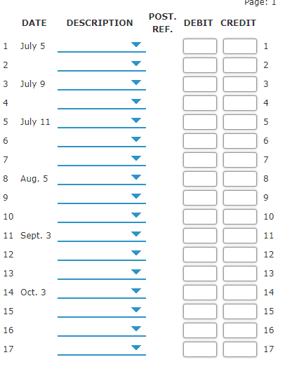 Page: 1
POST.
DATE
DESCRIPTION
DEBIT CREDIT
REF.
1
July 5
1.
2
July 9
3
4
5
July 11
6
7
8
Aug. 5
8
9
10
10
11 Sept. 3
11
12
12
13
13
14 Oct. 3
14
15
15
16
16
17
17
3.
4.
