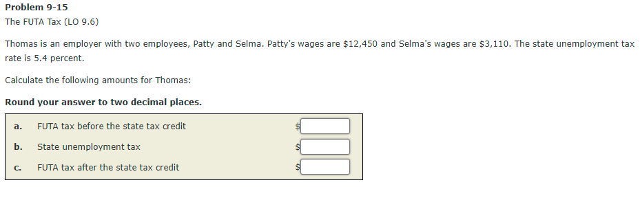 Problem 9-15
The FUTA Tax (LO 9.6)
Thomas is an employer with two employees, Patty and Selma. Patty's wages are $12,450 and Selma's wages are $3,110. The state unemployment tax
rate is 5.4 percent.
Calculate the following amounts for Thomas:
Round your answer to two decimal places.
а.
FUTA tax before the state tax credit
b.
State unemployment tax
C.
FUTA tax after the state tax credit
%24
%24
