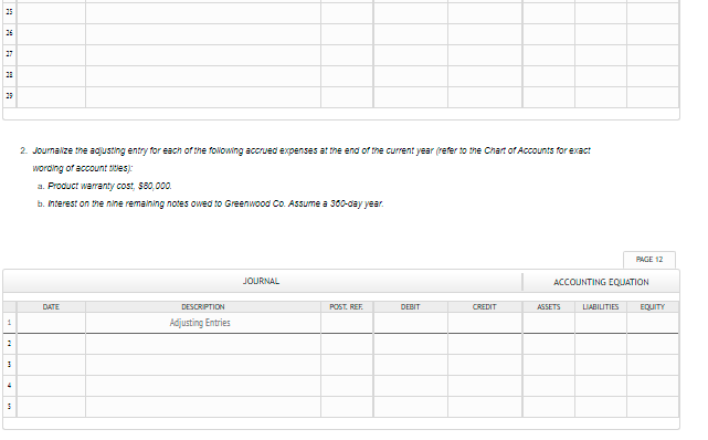 15
26
27
25
2. Journalize the adjusting entry for each of the following accrued expenses at the end of the current year (refer to the Chart of Accounts for exact
wording of account 20es):
a. Product warranty cost, s80,000.
b. Interest on the nine remaining notes owed to Greenwood Co. Assume a 360-day year.
PAGE 12
JOURNAL
ACCOUNTING EQUATION
POST, REF
CREDIT
LIABILITIES
EQUITY
DATE
DESCRIPTION
DEBIT
ASSETS
Adjusting Entries
