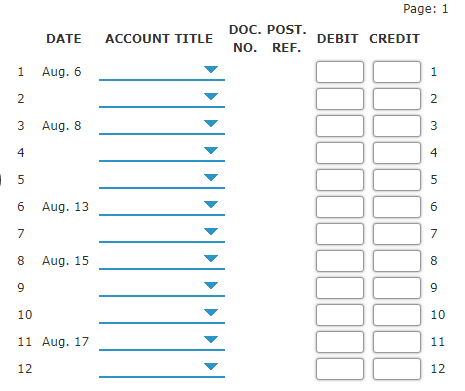 Page: 1
DOC. POST.
DATE
ACCOUNT TITLE
DEBIT CREDIT
NO. REF.
1 Aug. 6
1
2
2
3 Aug. 8
3
4
4
5
5
6 Aug. 13
7
7
8 Aug. 15
8
9
10
10
11 Aug. 17
11
12
12
