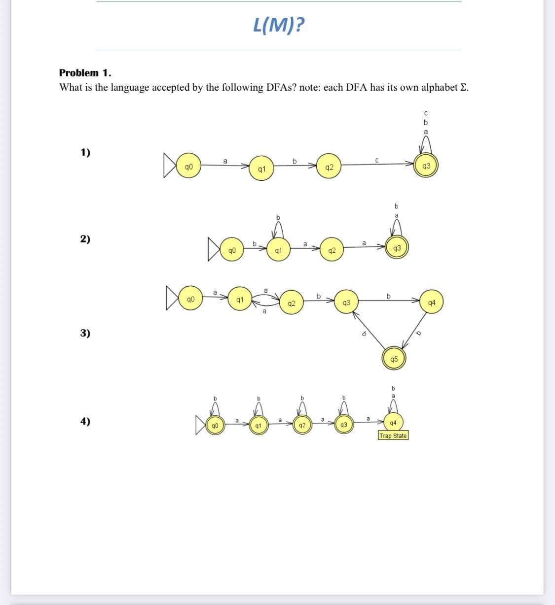 Problem 1.
What is the language accepted by the following DFAs? note: each DFA has its own alphabet E.
1)
2)
3)
4)
q0
q0
a
X
a
q0
L(M)?
q1
q1
q1
SS.
q2
q2
q2
92
q3
q3
a
C
b
95
q4
Trap State
O
C
b
a
q3
94