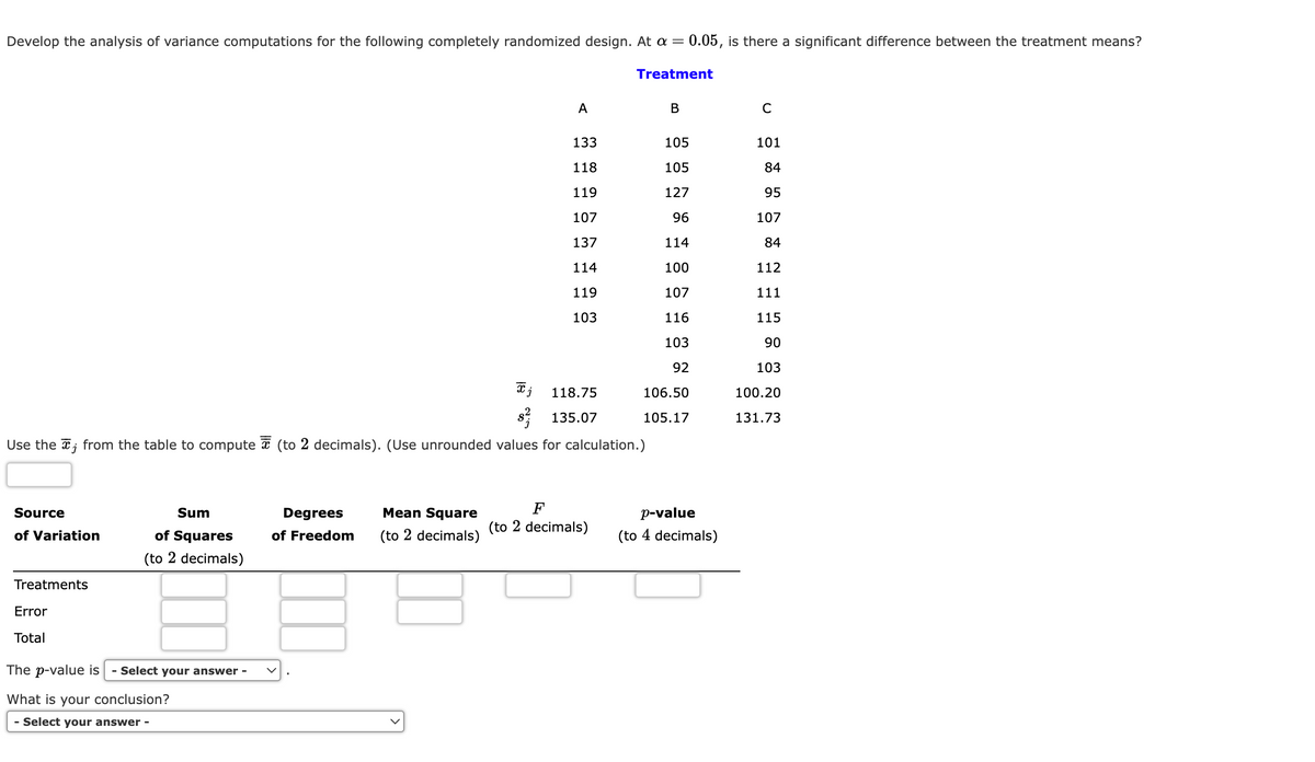 Develop the analysis of variance computations for the following completely randomized design. At a = 0.05, is there a significant difference between the treatment means?
Source
of Variation
Treatments
Error
Total
Sum
of Squares
(to 2 decimals)
The p-value is - Select your answer -
What is your conclusion?
- Select your answer -
$135.07
Use the ; from the table to compute (to 2 decimals). (Use unrounded values for calculation.)
Degrees
of Freedom
Xj
Mean Square
(to 2 decimals)
A
133
118
119
107
137
114
119
103
118.75
Treatment
F
(to 2 decimals)
B
105
105
127
96
114
100
107
116
103
92
106.50
105.17
p-value
(to 4 decimals)
C
101
84
95
107
84
112
111
115
90
103
100.20
131.73