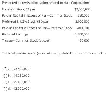 Presented below is information related to Hale Corporation:
Common Stock, $1 par
Paid-in Capital in Excess of Par-Common Stock
Preferred 8 1/2 % Stock, $50 par
$3,500,000
550,000
2,000,000
Paid-in Capital in Excess of Par-Preferred Stock 400,000
Retained Earnings
1,500,000
Treasury Common Stock (at cost)
150,000
The total paid-in capital (cash collected) related to the common stock is
Oa. $3,500,000.
Ob. $4,050,000.
Oc. $5,450,000.
Od. $3,900,000.