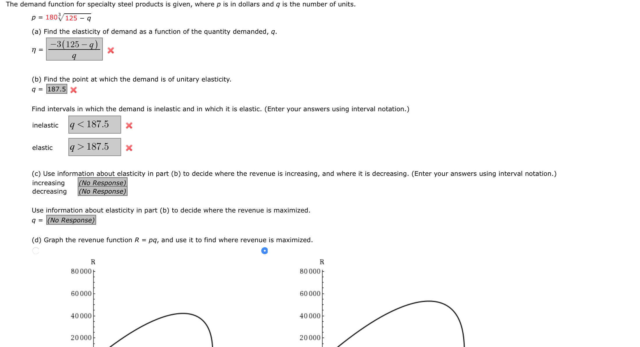 The demand function for specialty steel products is given, where p is in dollars and q is the number of units.
p =
180125
- 9
(a) Find the elasticity of demand as a function of the quantity demanded, q.
-3(125 – q)
