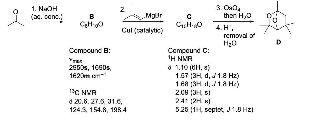 1. NaOH
(aq. conc.)
B
C6H100
Compound B:
Vmax
2950s, 1690s,
1620m cm-1
2.
MgBr
Cul (catalytic)
13C NMR
8 20.6, 27.6, 31.6,
124.3, 154.8, 198.4
C
C10H180
Compound C:
¹H NMR
8 1.10 (6H, s)
3. Os04
then H₂O
4. Ht,
removal of
H₂O
1.57 (3H, d, J 1.8 Hz)
1.68 (3H, d, J 1.8 Hz)
2.09 (3H, s)
2.41 (2H, s)
5.25 (1H, septet, J 1.8 Hz)
D