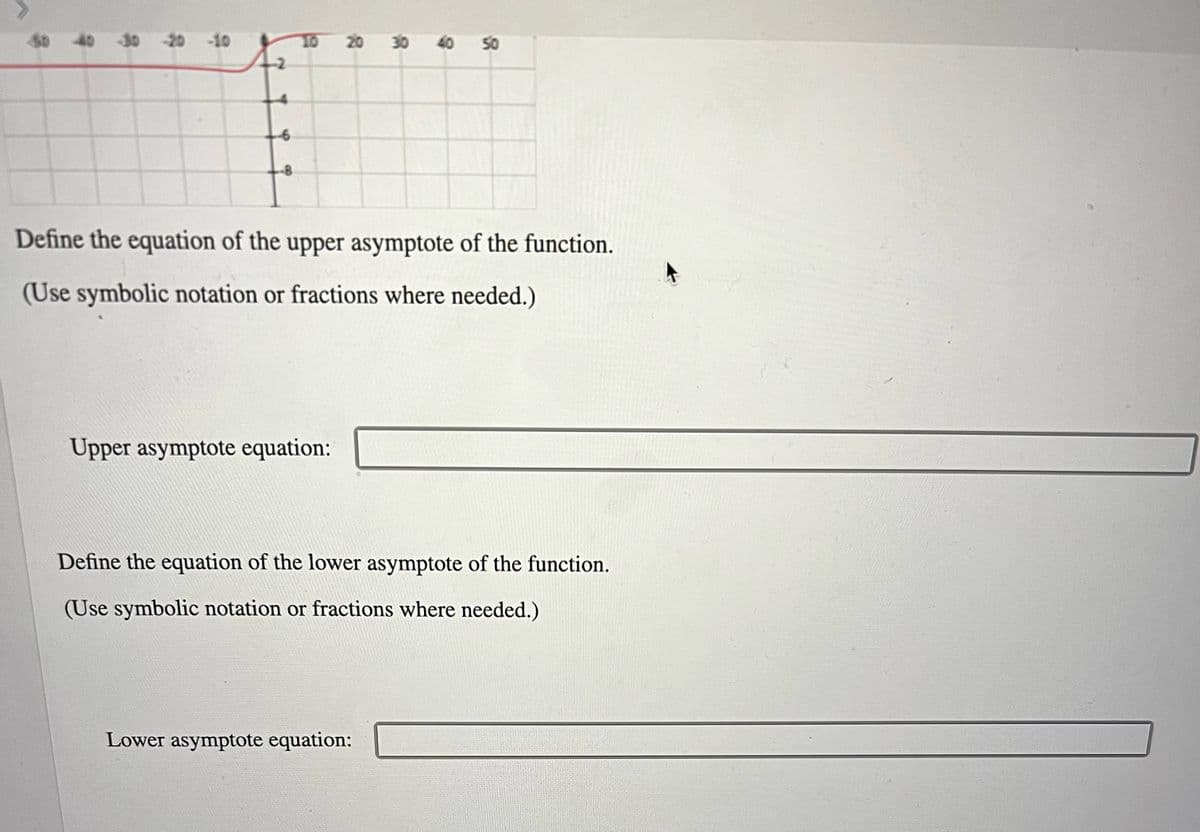 50 40 -30 -20 -10
-6
20 30
Upper asymptote equation:
Define the equation of the upper asymptote of the function.
(Use symbolic notation or fractions where needed.)
40 50
Define the equation of the lower asymptote of the function.
(Use symbolic notation or fractions where needed.)
Lower asymptote equation: