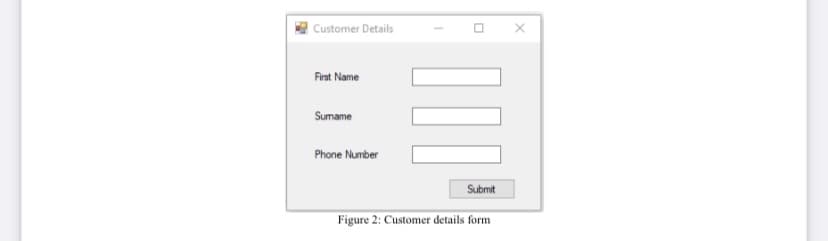 Customer Details
First Name
Sumame
Phone Number
Submit
Figure 2: Customer details form
