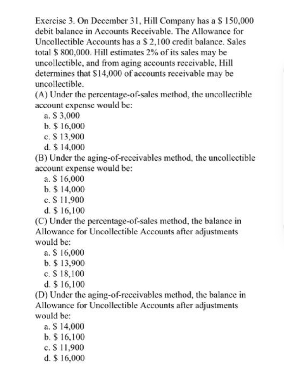 Exercise 3. On December 31, Hill Company has a $ 150,000
debit balance in Accounts Receivable. The Allowance for
Uncollectible Accounts has a $2,100 credit balance. Sales
total $ 800,000. Hill estimates 2% of its sales may be
uncollectible, and from aging accounts receivable, Hill
determines that $14,000 of accounts receivable may be
uncollectible.
(A) Under the percentage-of-sales method, the uncollectible
account expense would be:
a. $3,000
b. $ 16,000
c. $ 13,900
d. $ 14,000
(B) Under the aging-of-receivables method, the uncollectible
account expense would be:
a. $ 16,000
b. $ 14,000
c. $ 11,900
d. $ 16,100
(C) Under the percentage-of-sales method, the balance in
Allowance for Uncollectible Accounts after adjustments
would be:
a. $ 16,000
b. $ 13,900
c. $ 18,100
d. $ 16,100
(D) Under the aging-of-receivables method, the balance in
Allowance for Uncollectible Accounts after adjustments
would be:
a. $ 14,000
b. $ 16,100
c. $ 11,900
d. $ 16,000