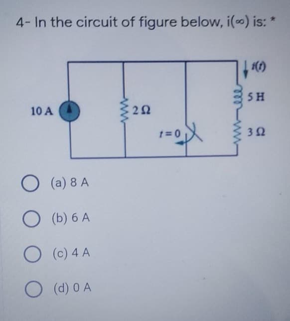 4- In the circuit of figure below, i() is: *
10 A
O(a) 8 A
O (b) 6 A
O (c) 4 A
O (d) 0 A
www
292
t=0
√1(1)
SH
352