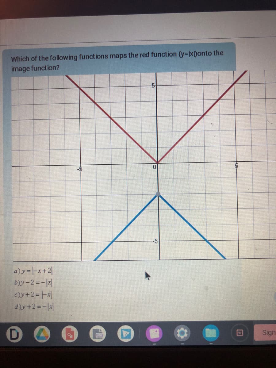 Which of the following functions maps the red function (y=x))onto the
image function?
a)y=-x+2|
b)y-2=-|x|
c)y+2= |-x|
d)y +2 = -|x|
-5
POR
-5
0
Sign