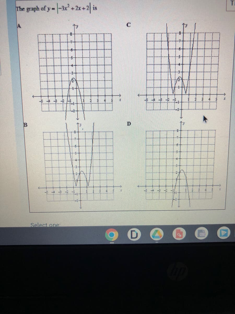 The graph of y=-3x²+2x+2 is
A
B
5 4 3 2
Select one:
A
8
1 3
Q
X
C
D
-8-0
8.
-6
עיד
2
Ti