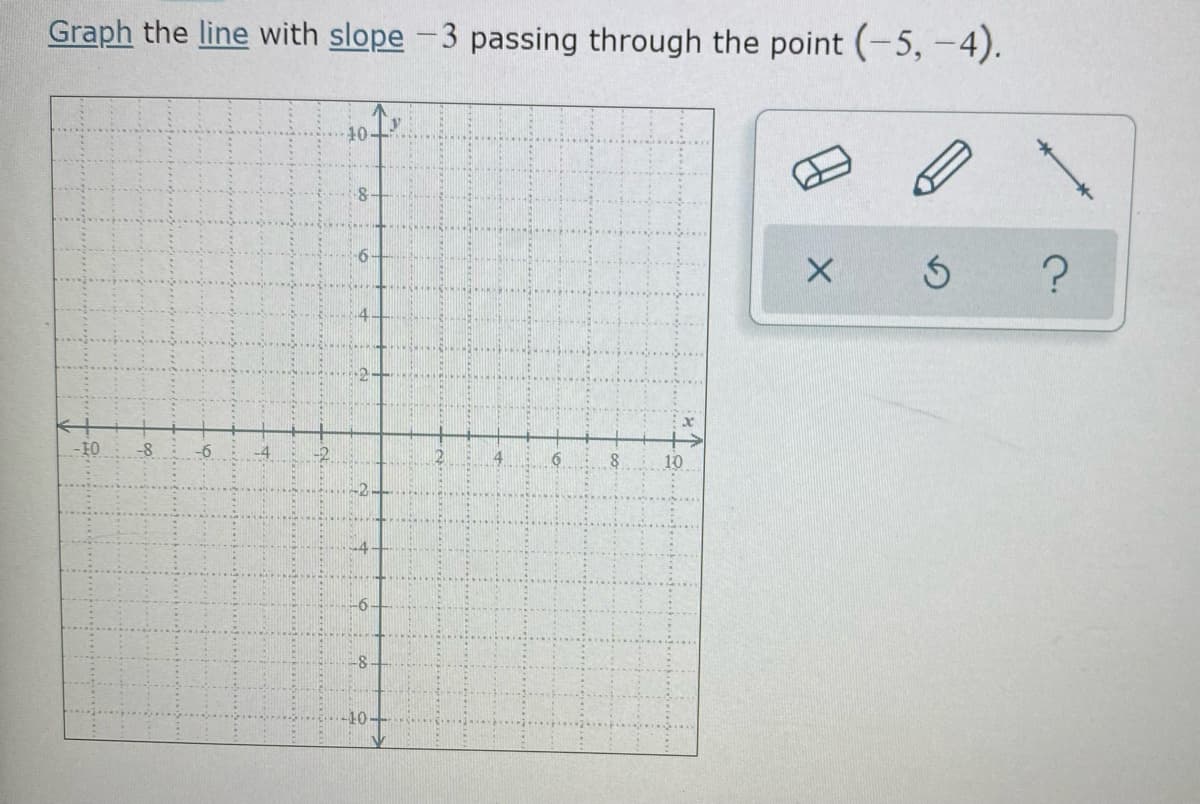 Graph the line with slope -3 passing through the point (-5, -4).
10-
-6-
-EO
-8
-6
10
