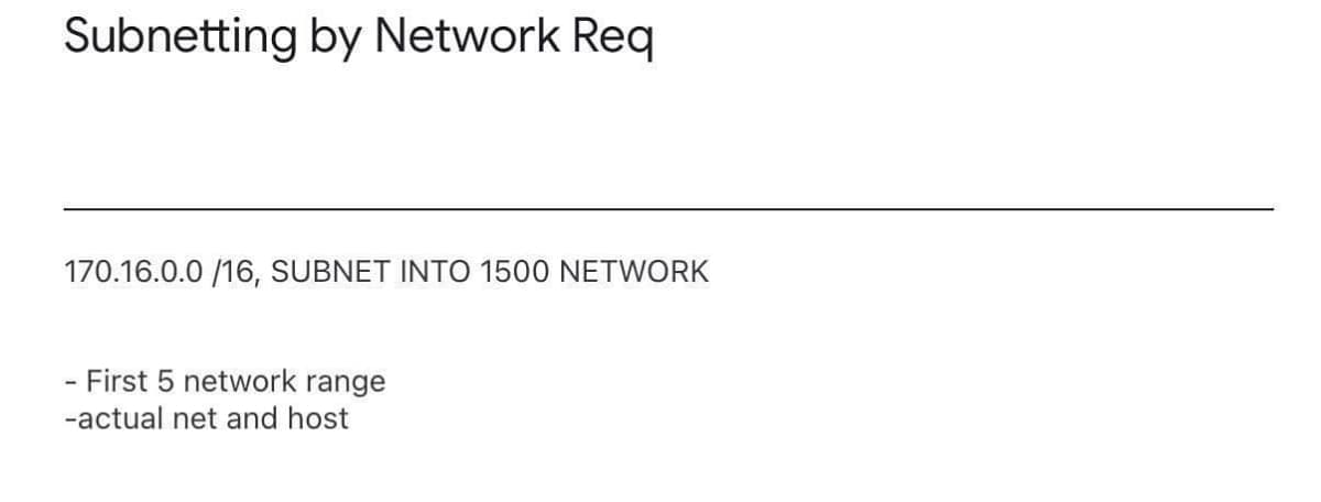 Subnetting by Network Req
170.16.0.0/16, SUBNET INTO 1500 NETWORK
- First 5 network range
-actual net and host