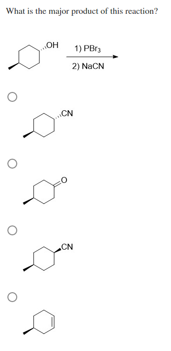 What is the major product of this reaction?
HO
1) PB13
2) NaCN
CN
CN
