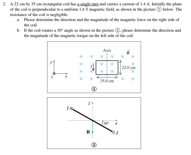 2. A 22 cm by 35 cm rectangular coil has a single turn and carries a current of 1.4 A. Initially the plane
of the coil is perpendicular to a uniform 1.6 T magnetic field, as shown in the picture O below. The
resistance of the coil is negligible.
a. Please determine the direction and the magnitude of the magnetic force on the right side of
the coil.
b. If the coil rotates a 30° angle as shown in the picture 2, please determine the direction and
the magnitude of the magnetic torque on the left side of the coil.
Axis
B
x x x
xi x
22.0 cm
35.0 cm
30° x
B
