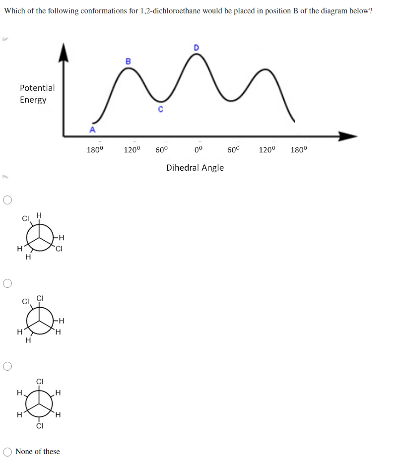 Which of the following conformations for 1,2-dichloroethane would be placed in position B of the diagram below?
iN
B
Potential
Energy
A
180°
120°
60°
0°
60°
120°
180°
Dihedral Angle
CI H
CI
-H
H
CI
H.
H.
ČI
None of these
