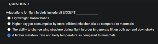 QUESTION 3
Adaptations for flight in birds include all EXCEPT
Lightweight, hollow bones
Higher oxygen consumption by more efficient mitochondria as compared to mammals
The ability to change wing structure during flight in order to generate lift on both up- and downstroke
O A higher metabolic rate and body temperature as compared to mammals.
