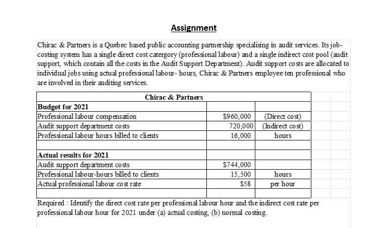 Assignment
Chirac & Partners is a Quebec based public accounting partnership specialising in audit services. Its job-
costing system has a single direct cost catergory (professional labour) and a single indirect cost pool (audit
support, which contain all the costs in the Audit Support Department). Audit support costs are allocated to
individual jobs using actual professional labour-hours, Chirac & Partners employee ten professional who
are involved in their auditing services.
Budget for 2021
Professional labour compensation
Chirac & Partners
Audit support department costs
Professional labour hours billed to clients
Actual results for 2021
Audit support department costs
Professional labour-hours billed to clients
Actual professional labour cost rate
$960,000
720,000
16,000
$744,000
15,500
$58
(Direct cost)
(Indirect cost)
hours
hours
per hour
Required: Identify the direct cost rate per professional labour hour and the indirect cost rate per
professional labour hour for 2021 under (a) actual costing. (b) normal costing.