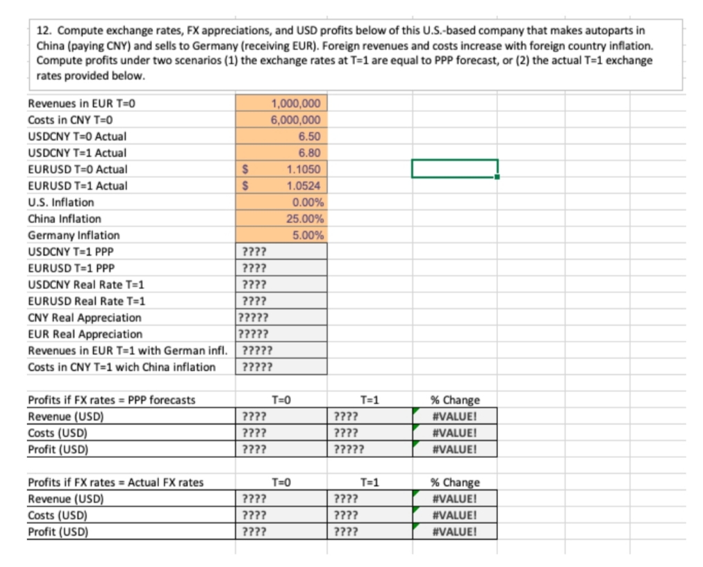 12. Compute exchange rates, FX appreciations, and USD profits below of this U.S.-based company that makes autoparts in
China (paying CNY) and sells to Germany (receiving EUR). Foreign revenues and costs increase with foreign country inflation.
Compute profits under two scenarios (1) the exchange rates at T=1 are equal to PPP forecast, or (2) the actual T=1 exchange
rates provided below.
Revenues in EUR T=0
Costs in CNY T=0
USDCNY T=0 Actual
USDCNY T=1 Actual
EURUSD T=0 Actual
EURUSD T=1 Actual
U.S. Inflation
China Inflation
Germany Inflation
USDCNY T=1 PPP
EURUSD T=1 PPP
USDCNY Real Rate T=1
EURUSD Real Rate T-1
CNY Real Appreciation
EUR Real Appreciation
Revenues in EUR T=1 with German infl.
Costs in CNY T=1 wich China inflation
Profits if FX rates = PPP forecasts
Revenue (USD)
Costs (USD)
Profit (USD)
Profits if FX rates = Actual FX rates
Revenue (USD)
Costs (USD)
Profit (USD)
$
S
????
????
????
????
?????
?????
?????
?????
????
????
????
1,000,000
6,000,000
????
????
????
6.50
6.80
1.1050
1.0524
0.00%
25.00%
5.00%
T=0
T=0
T=1
????
????
?????
????
????
????
T=1
% Change
#VALUE!
#VALUE!
#VALUE!
% Change
#VALUE!
#VALUE!
#VALUE!