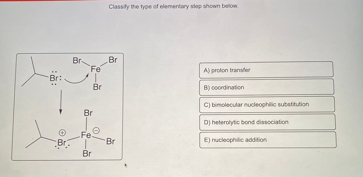 Classify the type of elementary step shown below.
Br
Br
Fe
A) proton transfer
Br:
Br
B) coordination
C) bimolecular nucleophilic substitution
Br
D) heterolytic bond dissociation
+)
Fe.
Br.
Br
E) nucleophilic addition
Br
