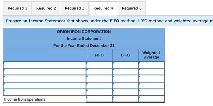 Required 1
Required 2
Required 3
Required 4
Required 6
Prepare an Income Statement that shows under the FIFO method, LIFO method and weighted average m
ORION IRON CORPORATION
Income Statement
For the Year Ended December 31
Weighted
Average
FIFO
LIFO
Income from operations
