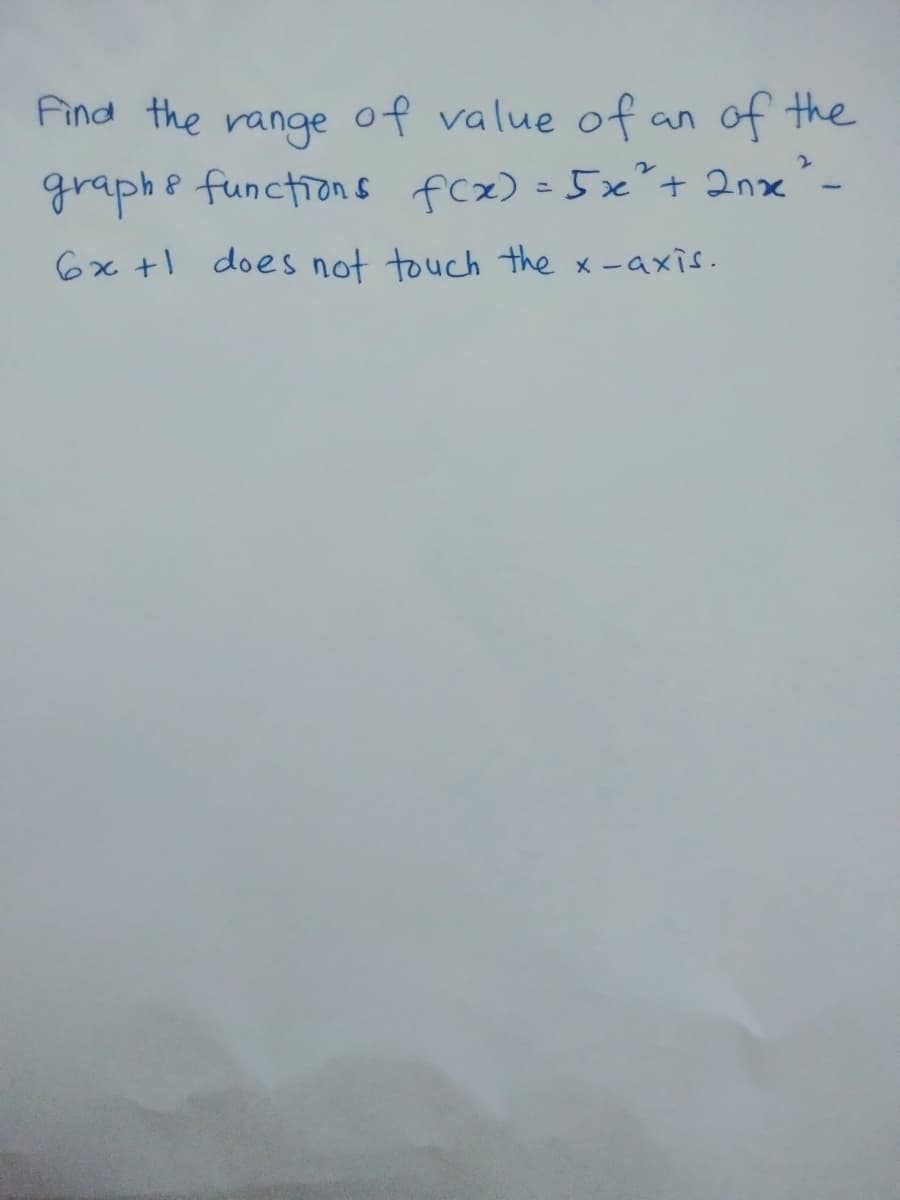 Find the range of value of an
of the
graph8 functions fcx) =5x"+ 2nx-
6x +l does not touch the x -axis.
