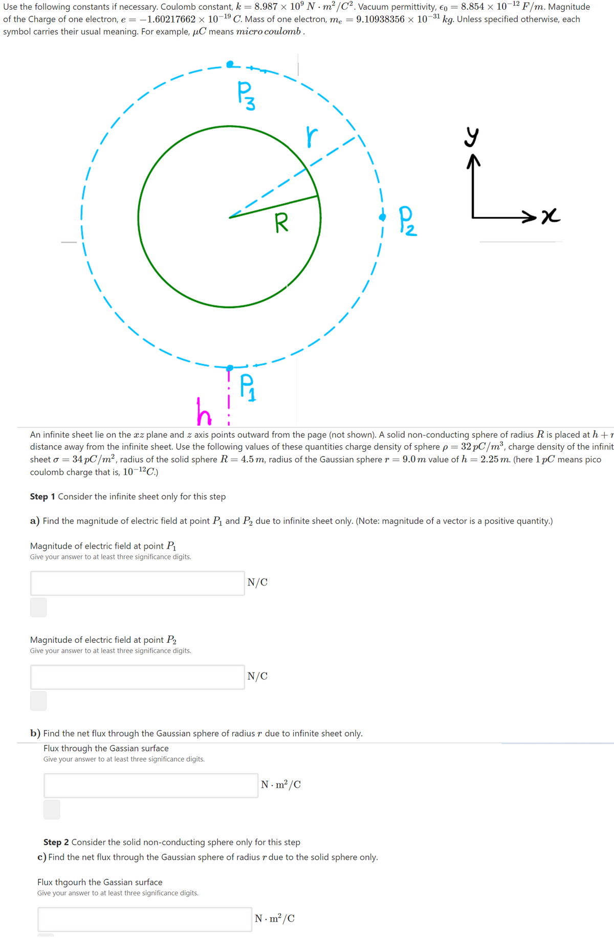 Use the following constants if necessary. Coulomb constant, k= 8.987 × 10 N · m² /C². vacuum permittivity, €o = 8.854 × 10¬12 F/m. Magnitude
of the Charge of one electron, e = -1.60217662 × 10¬19 C. Mass of one electron, me = 9.10938356 × 10¬31 kg. Unless specified otherwise, each
symbol carries their usual meaning. For example, µC means micro coulomb.
h!
An infinite sheet lie on the xz plane and z axis points outward from the page (not shown). A solid non-conducting sphere of radius R is placed at h + r
distance
away
from the infinite sheet. Use the following values of these quantities charge density of sphere p = 32 pC/m³, charge density of the infinit
sheet o = 34 pC /m² , radius of the solid sphere R = 4.5 m, radius of the Gaussian sphere r = 9.0 m value of h = 2.25 m. (here 1 pC means pico
coulomb charge that is, 10-12C.)
Step 1 Consider the infinite sheet only for this step
a) Find the magnitude of electric field at point Pq and P2 due to infinite sheet only. (Note: magnitude of a vector is a positive quantity.)
Magnitude of electric field at point P
Give your answer to at least three significance digits.
N/C
Magnitude of electric field at point P2
Give your answer to at least three significance digits.
N/C
b) Find the net flux through the Gaussian sphere of radius r due to infinite sheet only.
Flux through the Gassian surface
Give your answer to at least three significance digits.
N- m² /C
Step 2 Consider the solid non-conducting sphere only for this step
c) Find the net flux through the Gaussian sphere of radius r due to the solid sphere only.
Flux thgourh the Gassian surface
Give your answer to at least three significance digits.
N- m² /C
