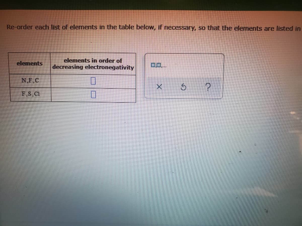 Re-order each list of elements in the table below, if necessary, so that the elements are listed in
elements in order of
decreasing electronegativity
elements
O...
N,F.C
F.S,Cl
