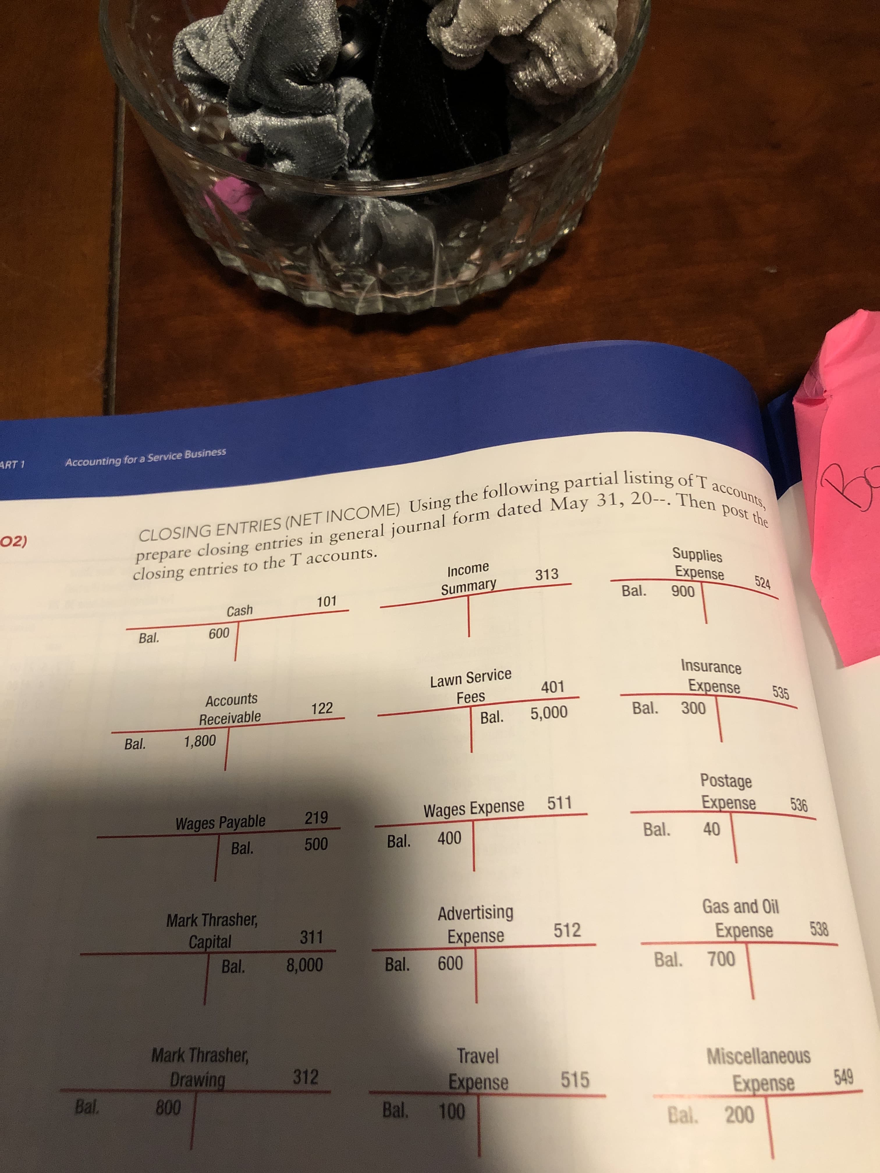 accounts,
prepare closing entries in general journal form dated May 31, 20--. Then post the
CLOSING ENTRIES (NET INCOME) Using the following partial listing of Ta
Supplies
Expense
closing entries to the T accounts.
Income
313
524
Summary
Bal
000
