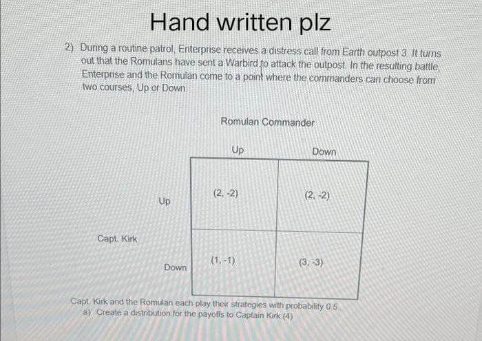 Hand written plz
2) During a routine patrol, Enterprise receives a distress call from Earth outpost 3. It turns
out that the Romulans have sent a Warbird to attack the outpost. In the resulting battle,
Enterprise and the Romulan come to a point where the commanders can choose from
two courses, Up or Down.
Romulan Commander
Up
Up
(2,-2)
Down
(2,-2)
Capt. Kirk
(1,-1)
(3,-3)
Down
Capt. Kirk and the Romulan each play their strategies with probability 0.5.
a) Create a distribution for the payoffs to Captain Kirk (4)