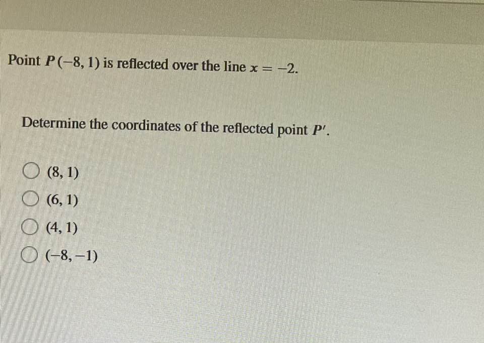 Point P(-8, 1) is reflected over the line x = -2.
Determine the coordinates of the reflected point P'.
(8, 1)
(6, 1)
(4,1)
(-8,-1)