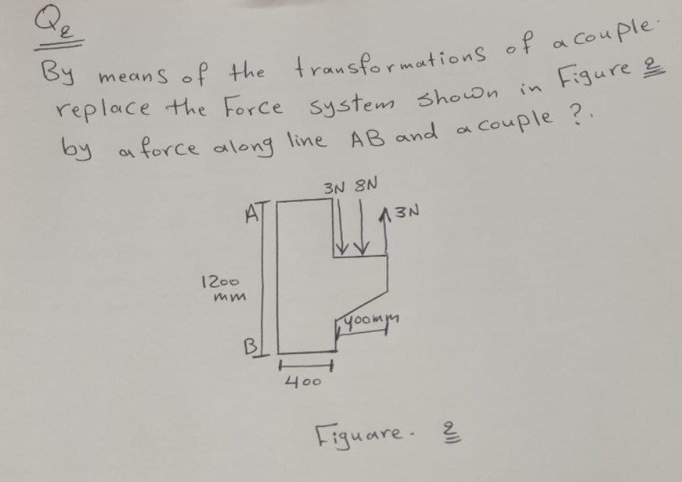 By mean S of the
a Cou ple.
fransformations of
replace the Force sustem shown in Figure =
a Couple ?,
by
a force along line AB and
3N 8N
AT
13N
1200
mm
Yoompn
400
Figuare. 3
