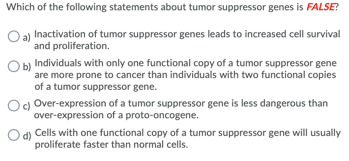 Which of the following statements about tumor suppressor genes is FALSE?
a) Inactivation of tumor suppressor genes leads to increased cell survival
and proliferation.
Individuals with only one functional copy of a tumor suppressor gene
b)
are more prone to cancer than individuals with two functional copies
of a tumor suppressor gene.
c) Over-expression of a tumor suppressor gene is less dangerous than
over-expression of a proto-oncogene.
d)
Cells with one functional copy of a tumor suppressor gene will usually
proliferate faster than normal cells.
