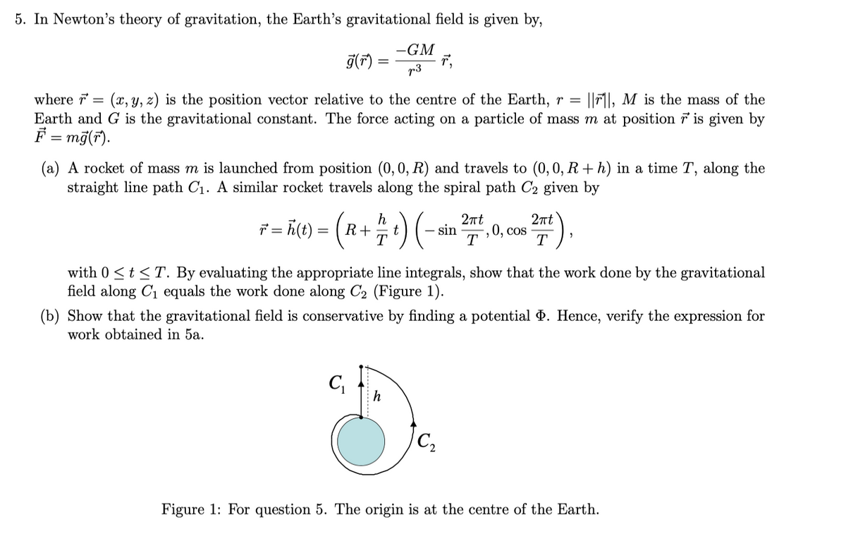 5. In Newton's theory of gravitation, the Earth's gravitational field is given by,
-GM
g(7)
p3
where =
(x, y, z) is the position vector relative to the centre of the Earth, r =
||Fl, M is the mass of the
Earth and G is the gravitational constant. The force acting on a particle of mass m at position ř is given by
F = mg(r).
(a) A rocket of mass m is launched from position (0, 0, R) and travels to (0,0, R + h) in a time T, along the
straight line path C1. A similar rocket travels along the spiral path C2 given by
h
t
T
2nt
0, cos
T
2nt
ř = h(t) = ( R+
sin
%3D
T
with 0 <t<T. By evaluating the appropriate line integrals, show that the work done by the gravitational
field along C1 equals the work done along C2 (Figure 1).
(b) Show that the gravitational field is conservative by finding a potential P. Hence, verify the expression for
work obtained in 5a.
C,
'C,
Figure 1: For question 5. The origin is at the centre of the Earth.
