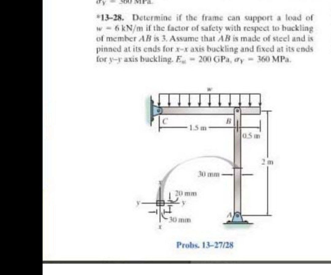 (TV
*13-28. Determine if the frame can support a load of
w = 6 kN/m if the factor of safety with respect to buckling
of member AB is 3. Assume that AB is made of steel and is
pinned at its ends for x-x axis buckling and fixed at its ends
for y-y axis buckling. E 200 GPa, dy 360 MPa.
0.5 m
30 mm-
20 mm
-30 mm
Probs. 13-27/28
m