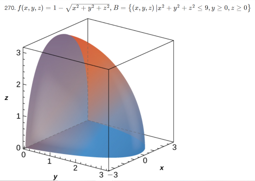 270. f(x, Y, 2) = 1 – Va² + y² + z², B = {(x, y, z) |x² + y? + z² < 9,y > 0, z > 0}
3
3
1
2
3 -3
y
