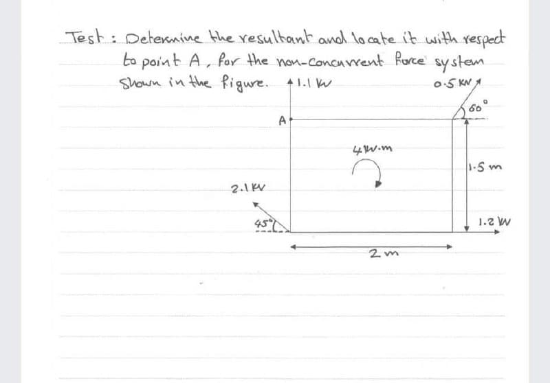 Test: Deternine the resultant and lo cate it with respect
system
0.5 KN
ta point A, for the non-Conaurrent Rorce
Shown in the Pigure. 11.1 k
A
4W.m
1-5 m
2.1 KV
45
1.2 W
2m
