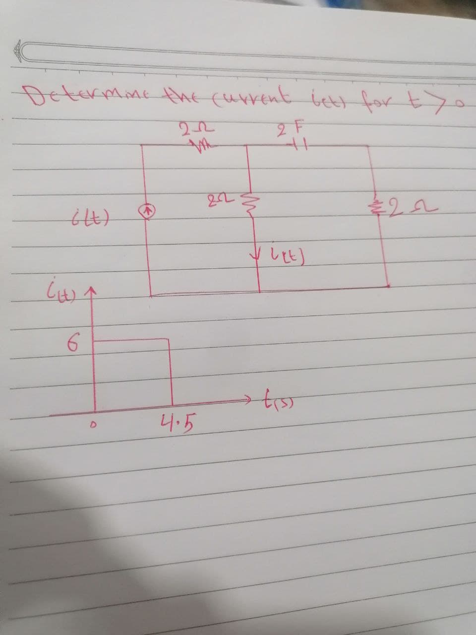 Determine the current lett for yo
22
2 F
i(t)
CHA
6
D
4.5
امع
✓LEE)
-t(s)
€22