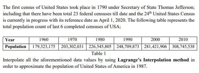 The first census of United States took place in 1790 under Secretary of State Thomas Jefferson;
including that there have been total 23 federal censuses till date and the 24th United States Census
is currently in progress with its reference date as April 1, 2020. The following table represents the
total population count of last 6 completed censuses of USA;
Year
1960
1970
1980
1990
2000
2010
Population 179,323,175 203,302,031 | 226,545,805 | 248,709,873 281,421,906 308,745,538
Table 1
Interpolate all the aforementioned data values by using Lagrange's Interpolation method in
order to approximate the population of United States of America in 1987.
