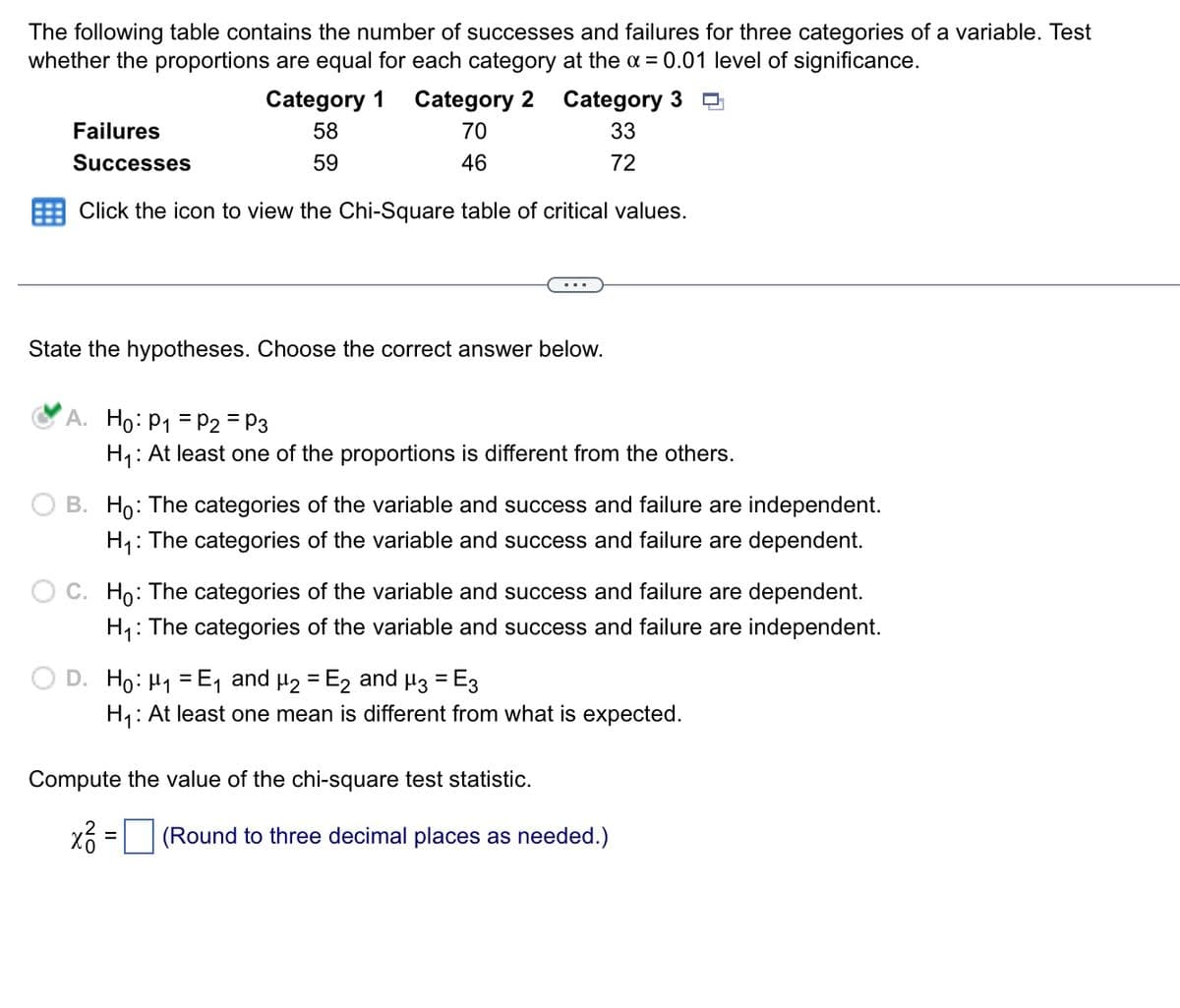 The following table contains the number of successes and failures for three categories of a variable. Test
whether the proportions are equal for each category at the a = 0.01 level of significance.
Category 1
Category 2
Category 3
Failures
58
70
33
Successes
59
46
72
Click the icon to view the Chi-Square table of critical values.
State the hypotheses. Choose the correct answer below.
A. Ho: P1 = P2 = P3
H1: At least one of the proportions is different from the others.
B. Ho: The categories of the variable and success and failure are independent.
H,: The categories of the variable and success and failure are dependent.
O C. Ho: The categories of the variable and success and failure are dependent.
H1: The categories of the variable and success and failure are independent.
D. Ho: H1 = E, and µ2 = E2 and H3 = E3
H1: At least one mean is different from what is expected.
%3D
Compute the value of the chi-square test statistic.
2
(Round to three decimal places as needed.)
